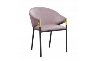 Różowe krzesło tapicerowane na prostych metalowych nogach ze złotymi dodatkami