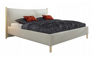 Szare łóżko tapicerowane 160x200 z elementami drewnianymi