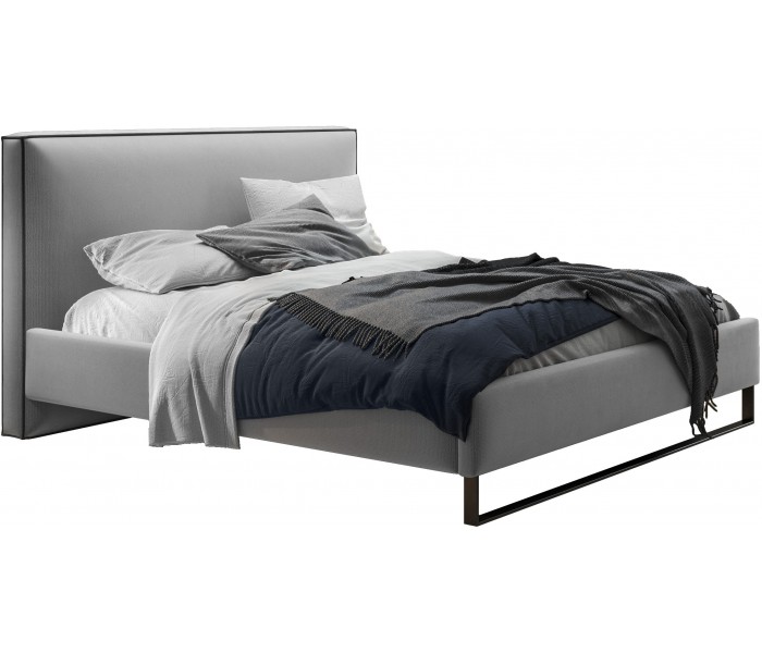Szare łóżko tapicerowane z nogą na czarnym profilu