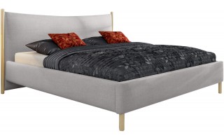 Łóżko tapicerowane z drewnianymi dodatkami