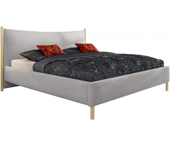 Łóżko tapicerowane z drewnianymi dodatkami