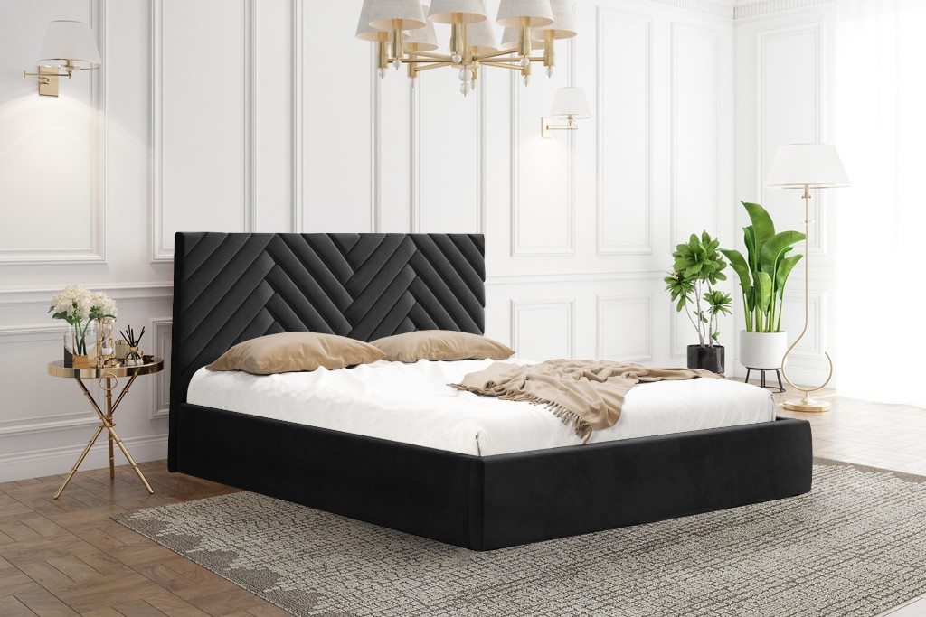 Czarne łóżko tapicerowane ze wzorem w jodełkę