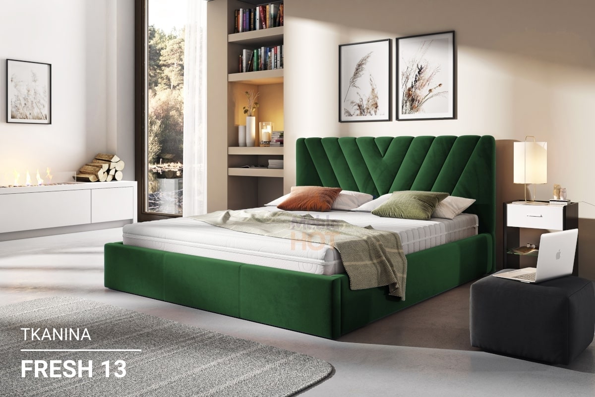 Łóżko tapicerowane ROMARO z pojemnikiem na pościel w zielonej tkaninie FRESH 13 butelkowa zieleń