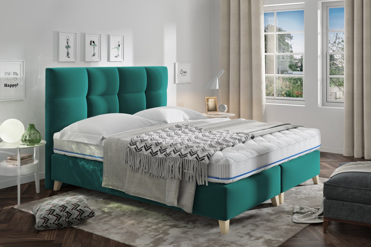 Turkusowe wysokie łóżko tapicerowane MONA 140x200