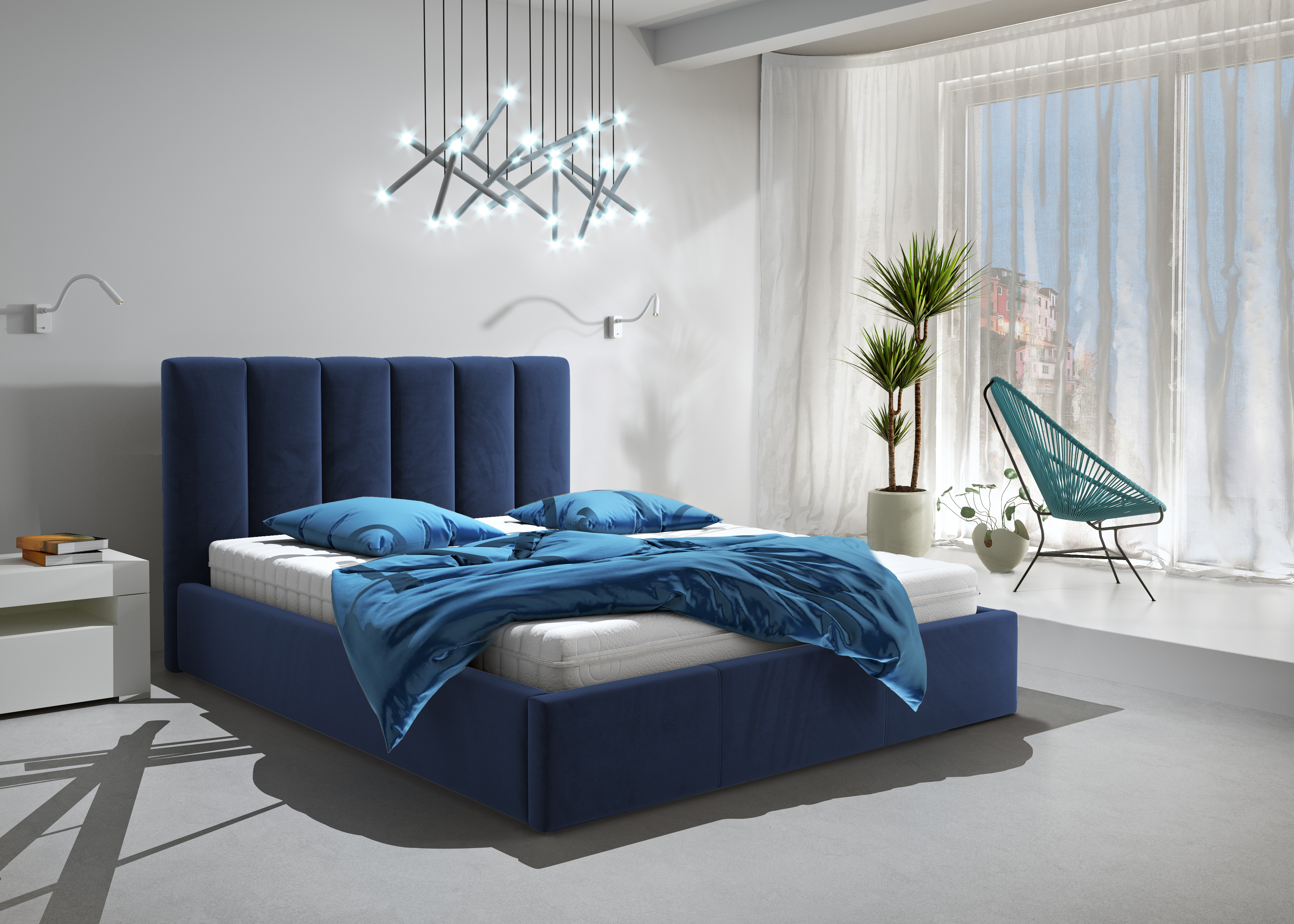 Jasnoszare łóżko tapicerowane w eleganckie pionowe pasy