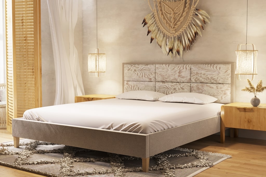 Aranżacja sypialni w stylu boho - wzrozyste łóżko 120x200