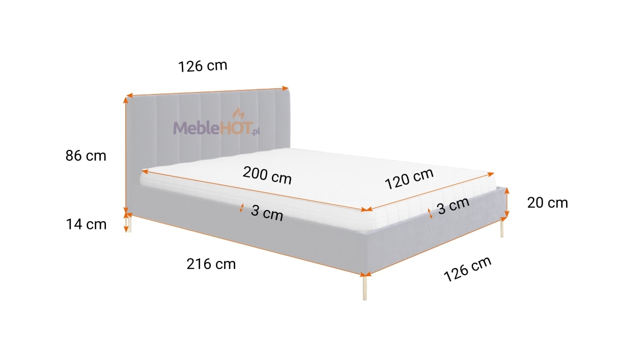 Wymiary łóżka tapicerowanego DAWID dla rozmiaru 120x200